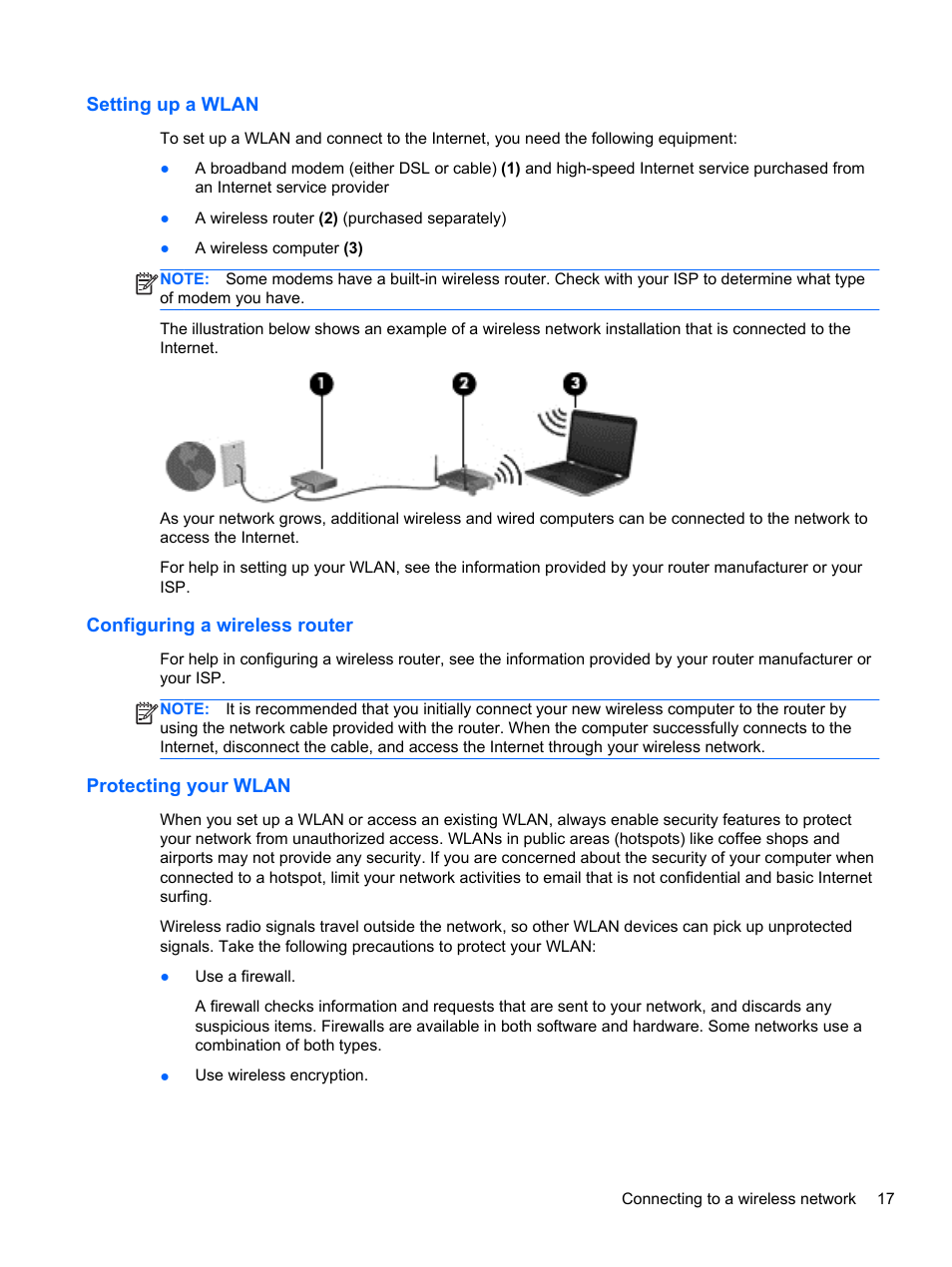 Setting up a wlan, Configuring a wireless router, Protecting your wlan | HP Pavilion 10 TouchSmart 10-e010nr Notebook PC User Manual | Page 25 / 72