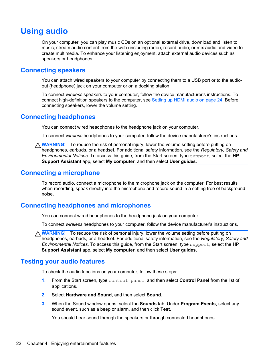 Using audio, Connecting speakers, Connecting headphones | Connecting a microphone, Connecting headphones and microphones, Testing your audio features | HP Pavilion 10 TouchSmart 10-e010nr Notebook PC User Manual | Page 30 / 72