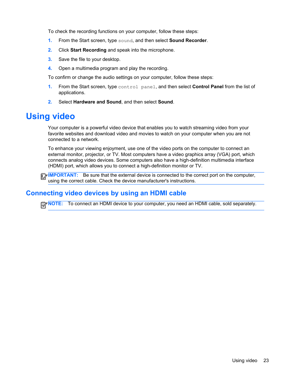 Using video, Connecting video devices by using an hdmi cable, Connecting | HP Pavilion 10 TouchSmart 10-e010nr Notebook PC User Manual | Page 31 / 72