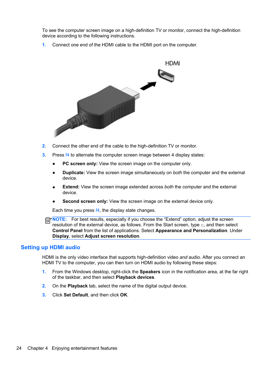 Setting up hdmi audio | HP Pavilion 10 TouchSmart 10-e010nr Notebook PC User Manual | Page 32 / 72