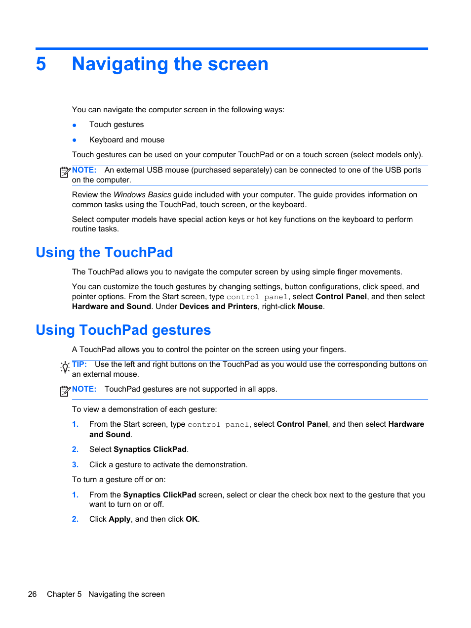 Navigating the screen, Using the touchpad, Using touchpad gestures | 5 navigating the screen, Using the touchpad using touchpad gestures, Text. see, 5navigating the screen | HP Pavilion 10 TouchSmart 10-e010nr Notebook PC User Manual | Page 34 / 72