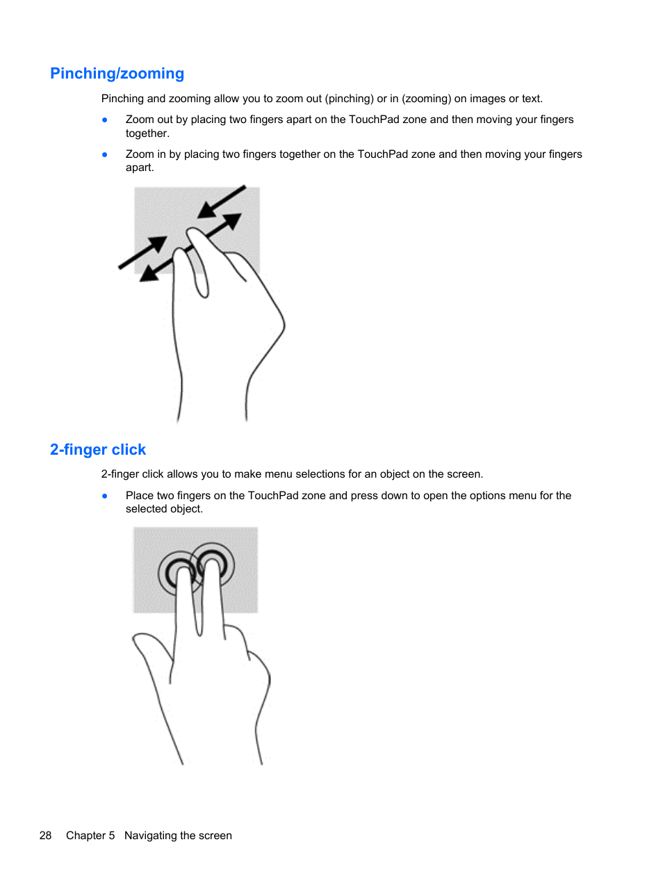Pinching/zooming, Finger click, Pinching/zooming 2-finger click | HP Pavilion 10 TouchSmart 10-e010nr Notebook PC User Manual | Page 36 / 72