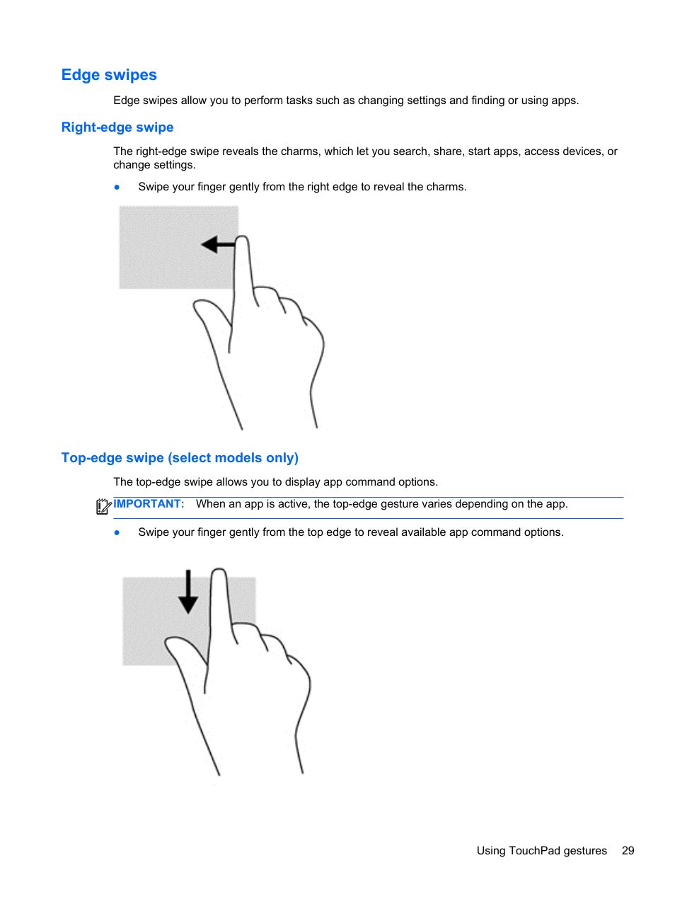 Edge swipes, Right-edge swipe, Top-edge swipe (select models only) | HP Pavilion 10 TouchSmart 10-e010nr Notebook PC User Manual | Page 37 / 72