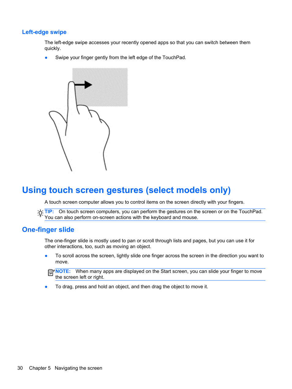 Left-edge swipe, Using touch screen gestures (select models only), One-finger slide | HP Pavilion 10 TouchSmart 10-e010nr Notebook PC User Manual | Page 38 / 72