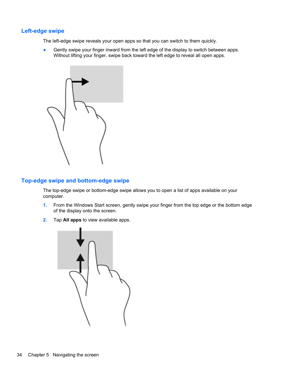 Left-edge swipe, Top-edge swipe and bottom-edge swipe | HP Pavilion 10 TouchSmart 10-e010nr Notebook PC User Manual | Page 42 / 72