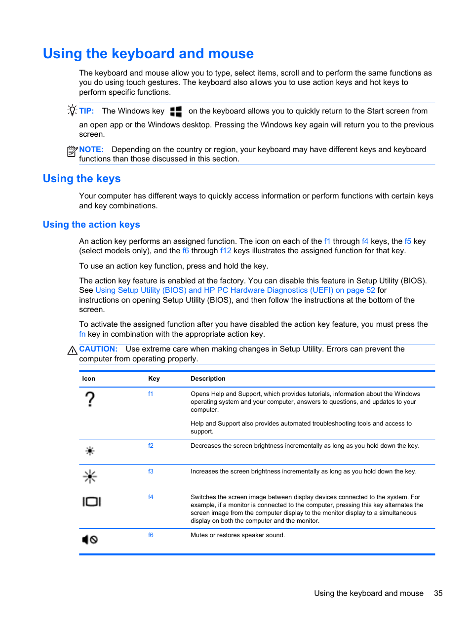 Using the keyboard and mouse, Using the keys, Using the action keys | HP Pavilion 10 TouchSmart 10-e010nr Notebook PC User Manual | Page 43 / 72