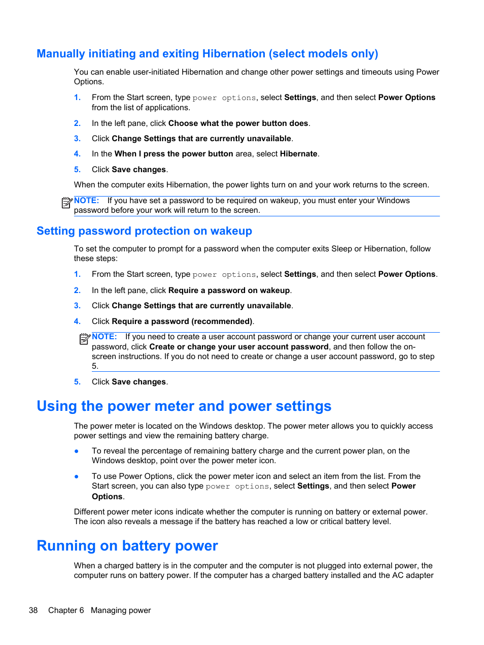 Setting password protection on wakeup, Using the power meter and power settings, Running on battery power | HP Pavilion 10 TouchSmart 10-e010nr Notebook PC User Manual | Page 46 / 72