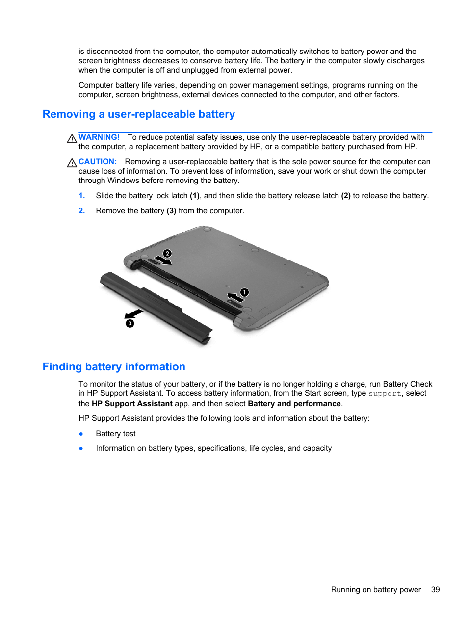 Removing a user-replaceable battery, Finding battery information | HP Pavilion 10 TouchSmart 10-e010nr Notebook PC User Manual | Page 47 / 72