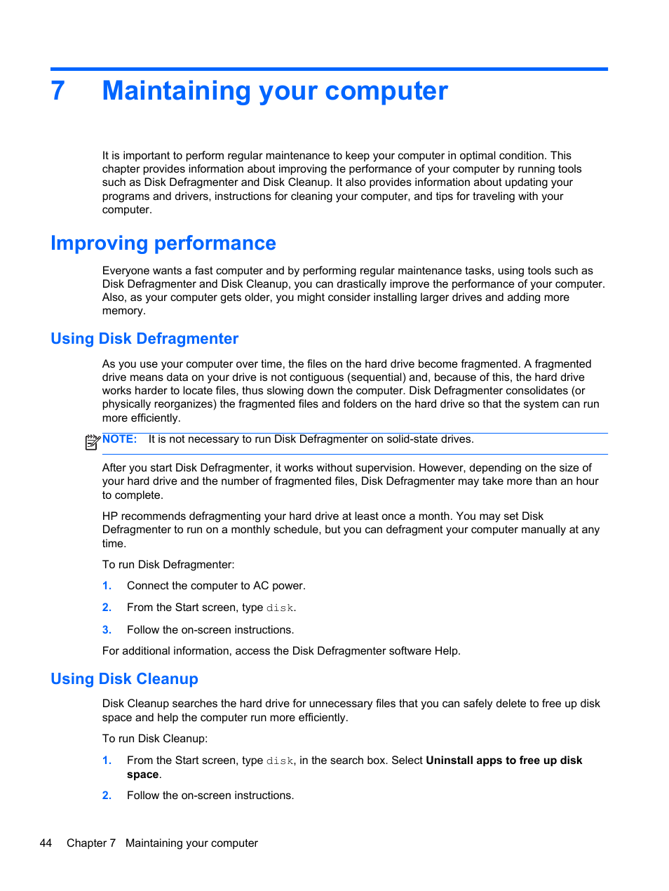 Maintaining your computer, Improving performance, Using disk defragmenter | Using disk cleanup, 7 maintaining your computer, Using disk defragmenter using disk cleanup, 7maintaining your computer | HP Pavilion 10 TouchSmart 10-e010nr Notebook PC User Manual | Page 52 / 72