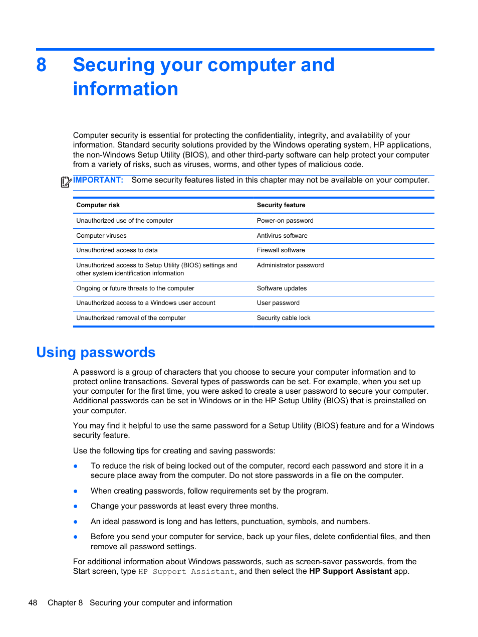 Securing your computer and information, Using passwords, 8 securing your computer and information | 8securing your computer and information | HP Pavilion 10 TouchSmart 10-e010nr Notebook PC User Manual | Page 56 / 72