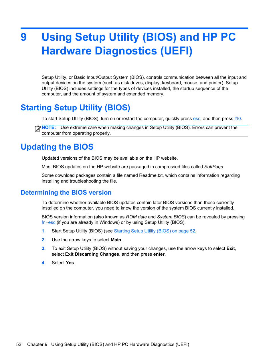 Starting setup utility (bios), Updating the bios, Determining the bios version | Starting setup utility (bios) updating the bios | HP Pavilion 10 TouchSmart 10-e010nr Notebook PC User Manual | Page 60 / 72
