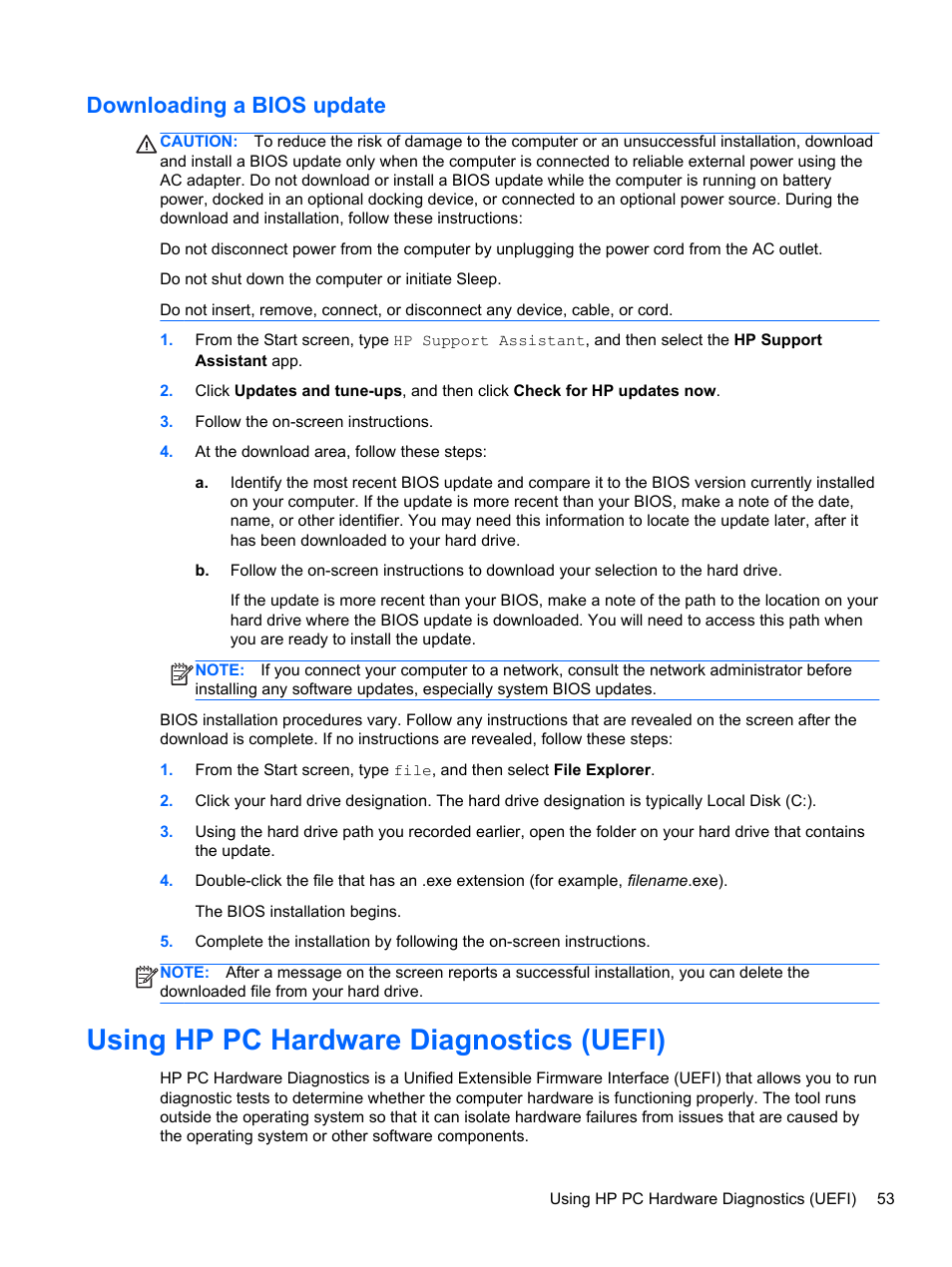 Downloading a bios update, Using hp pc hardware diagnostics (uefi) | HP Pavilion 10 TouchSmart 10-e010nr Notebook PC User Manual | Page 61 / 72