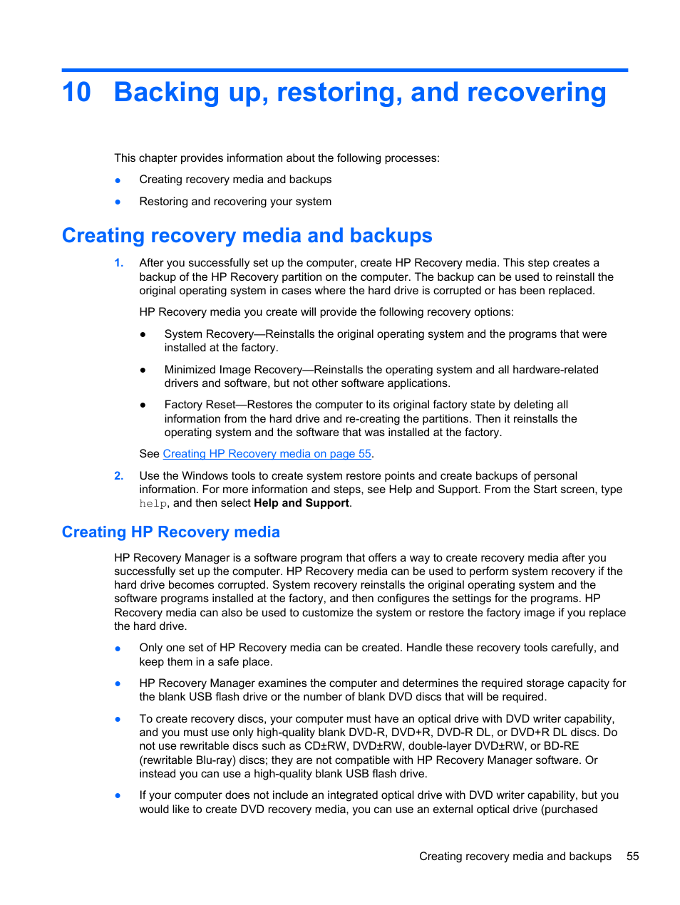 Backing up, restoring, and recovering, Creating recovery media and backups, Creating hp recovery media | 10 backing up, restoring, and recovering, Backing up | HP Pavilion 10 TouchSmart 10-e010nr Notebook PC User Manual | Page 63 / 72