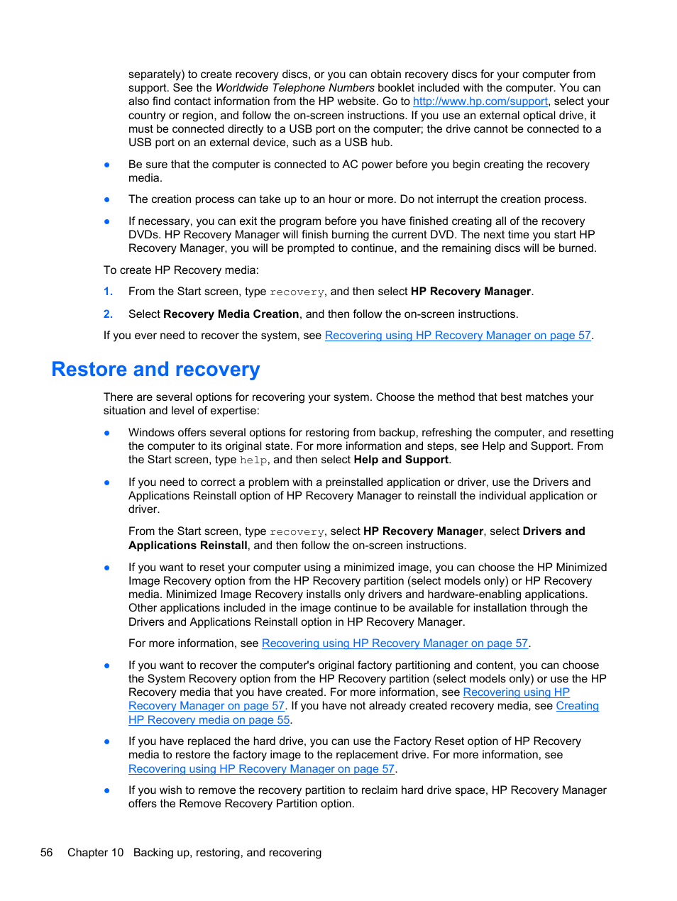 Restore and recovery | HP Pavilion 10 TouchSmart 10-e010nr Notebook PC User Manual | Page 64 / 72
