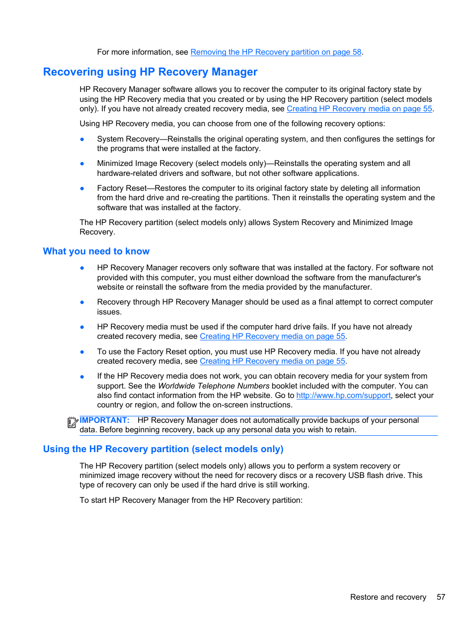 Recovering using hp recovery manager, What you need to know, Recovering using hp | HP Pavilion 10 TouchSmart 10-e010nr Notebook PC User Manual | Page 65 / 72