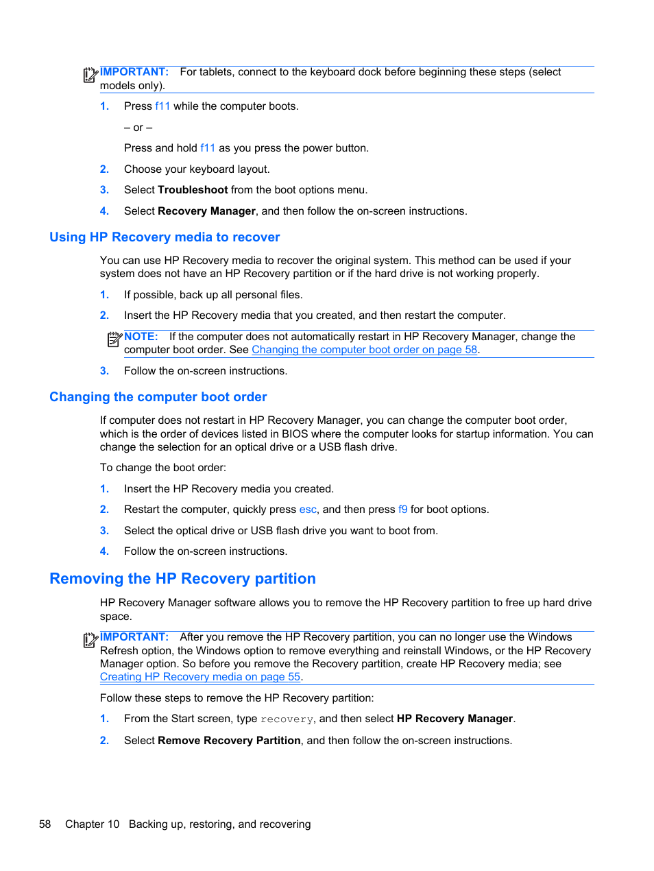 Using hp recovery media to recover, Changing the computer boot order, Removing the hp recovery partition | HP Pavilion 10 TouchSmart 10-e010nr Notebook PC User Manual | Page 66 / 72