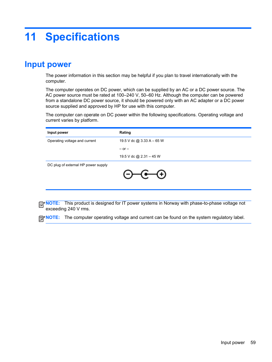 Specifications, Input power, 11 specifications | HP Pavilion 10 TouchSmart 10-e010nr Notebook PC User Manual | Page 67 / 72