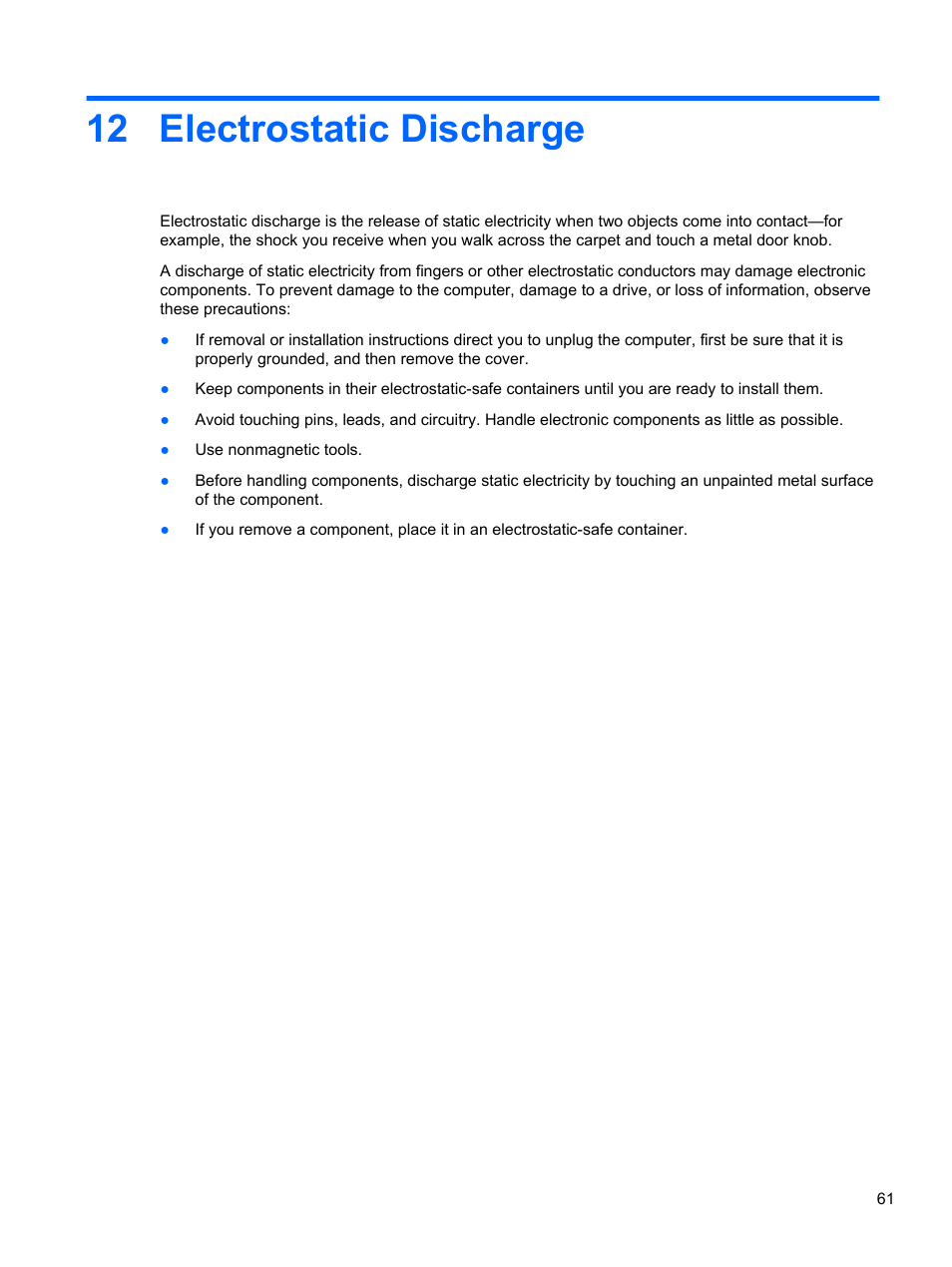 Electrostatic discharge, 12 electrostatic discharge | HP Pavilion 10 TouchSmart 10-e010nr Notebook PC User Manual | Page 69 / 72