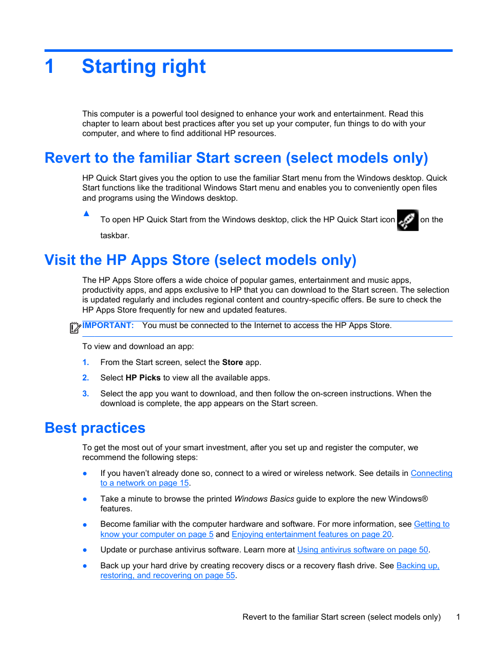 Starting right, Visit the hp apps store (select models only), Best practices | 1 starting right, 1starting right | HP Pavilion 10 TouchSmart 10-e010nr Notebook PC User Manual | Page 9 / 72