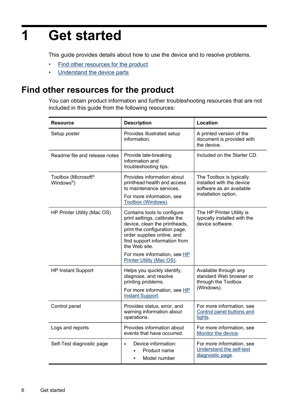 Get started, Find other resources for the product, 1 get started | 1get started | HP Officejet Pro L7480 All-in-One Printer User Manual | Page 10 / 120