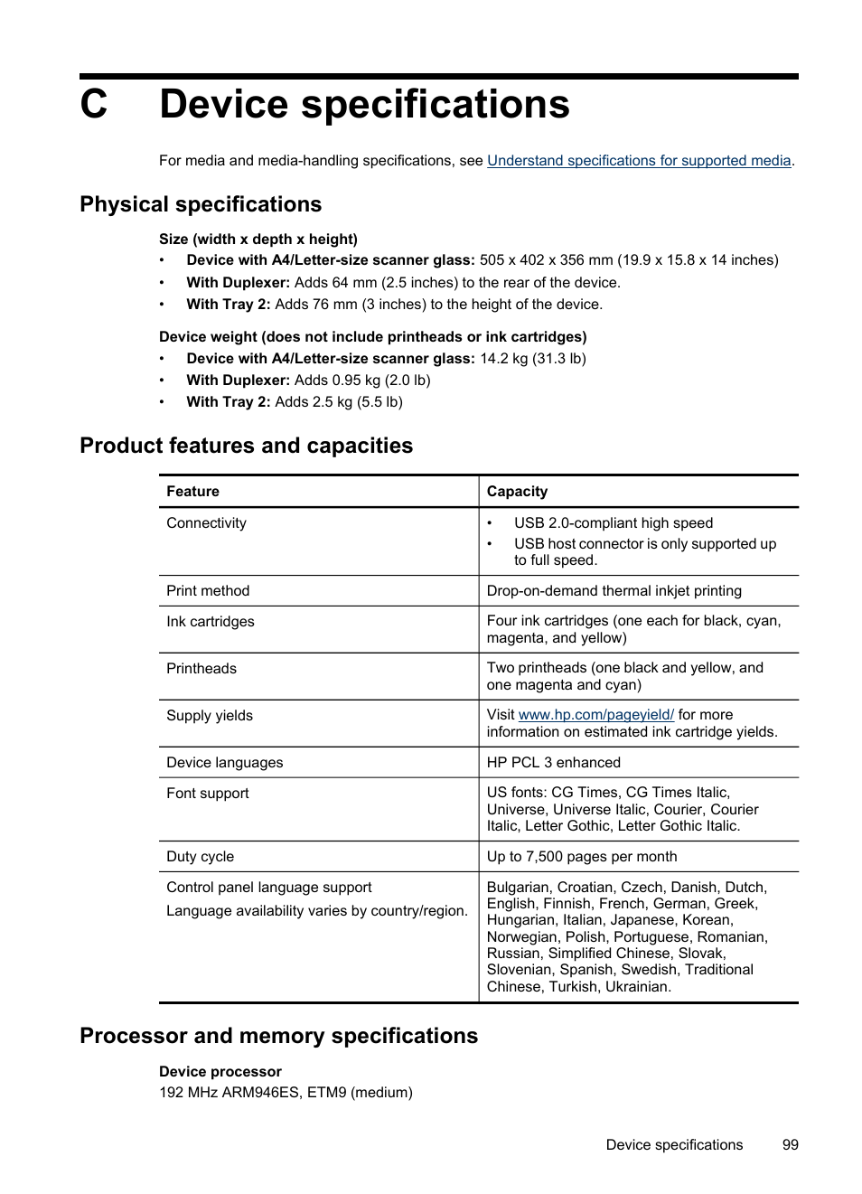 Device specifications, Physical specifications, Product features and capacities | Processor and memory specifications, C device specifications, Cdevice specifications | HP Officejet Pro L7480 All-in-One Printer User Manual | Page 103 / 120