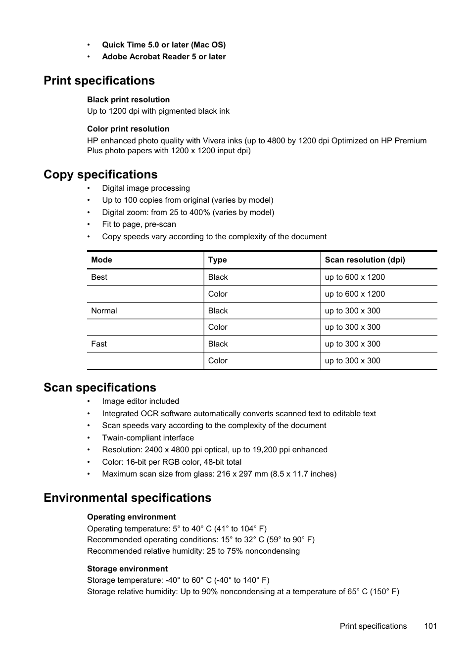 Print specifications, Copy specifications, Scan specifications | Environmental specifications | HP Officejet Pro L7480 All-in-One Printer User Manual | Page 105 / 120