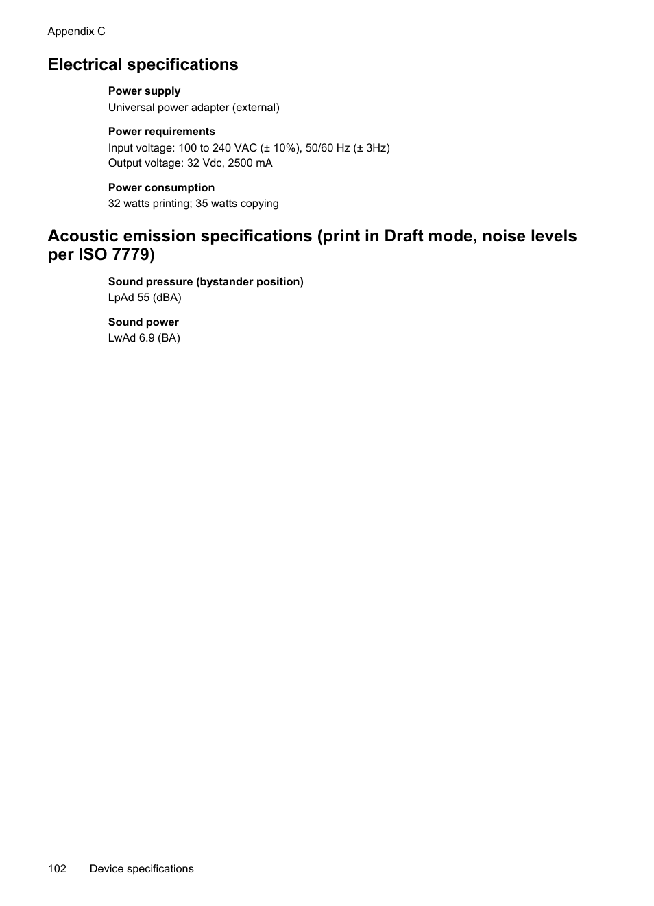 Electrical specifications | HP Officejet Pro L7480 All-in-One Printer User Manual | Page 106 / 120