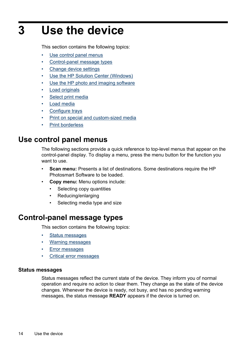 Use the device, Use control panel menus, Control-panel message types | Status messages, 3 use the device, 3use the device | HP Officejet Pro L7480 All-in-One Printer User Manual | Page 18 / 120