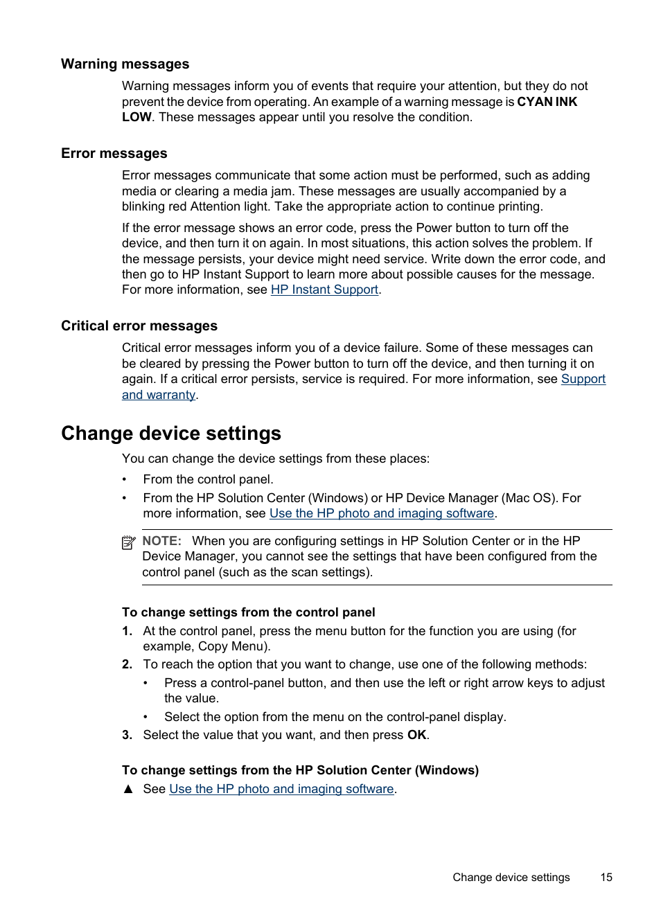 Warning messages, Error messages, Critical error messages | Change device settings | HP Officejet Pro L7480 All-in-One Printer User Manual | Page 19 / 120