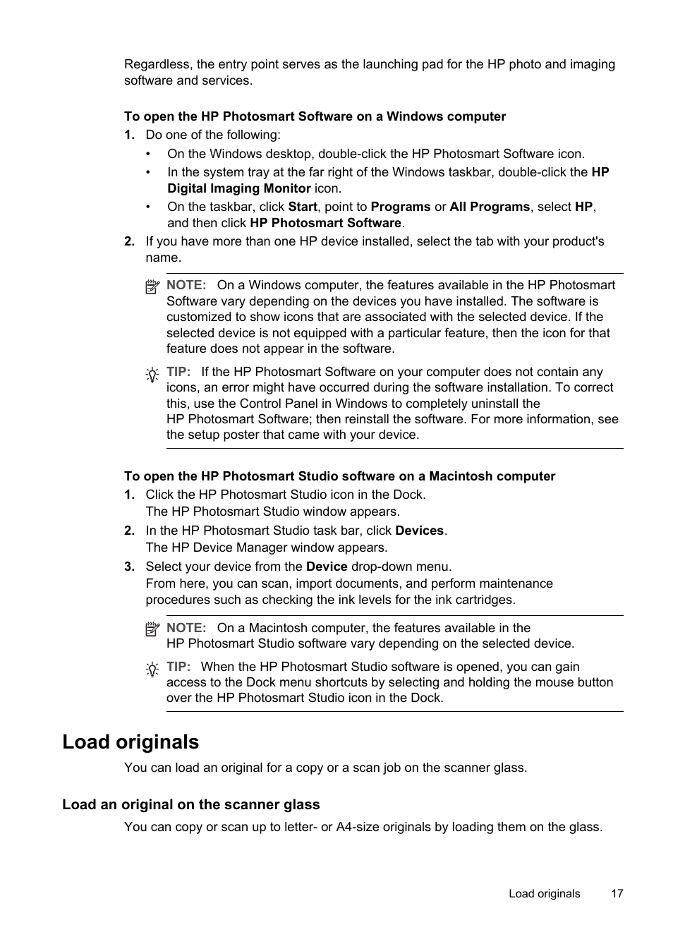 Load originals, Load an original on the scanner glass | HP Officejet Pro L7480 All-in-One Printer User Manual | Page 21 / 120