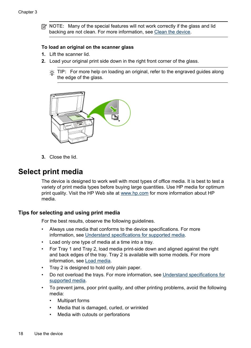 Select print media, Tips for selecting and using print media, Set minimum margins | HP Officejet Pro L7480 All-in-One Printer User Manual | Page 22 / 120