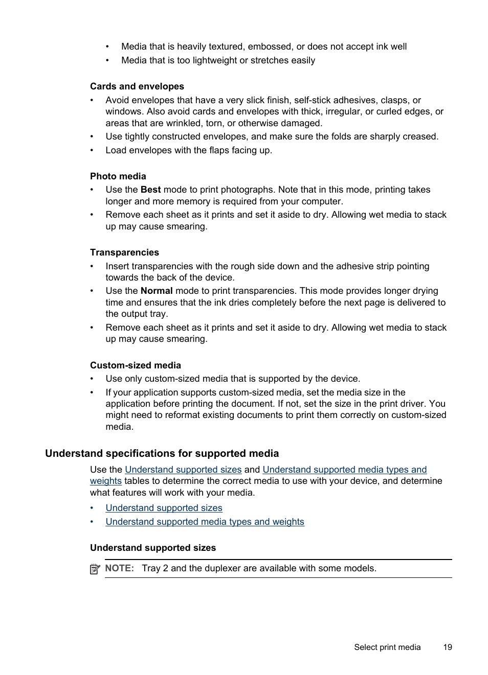 Understand specifications for supported media, Understand supported sizes, Information, see | Understand specifications for, Supported media | HP Officejet Pro L7480 All-in-One Printer User Manual | Page 23 / 120