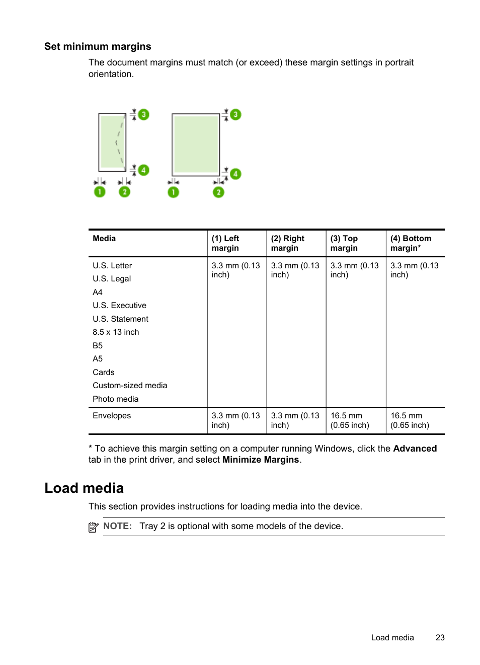 Set minimum margins, Load media, Information, see | HP Officejet Pro L7480 All-in-One Printer User Manual | Page 27 / 120