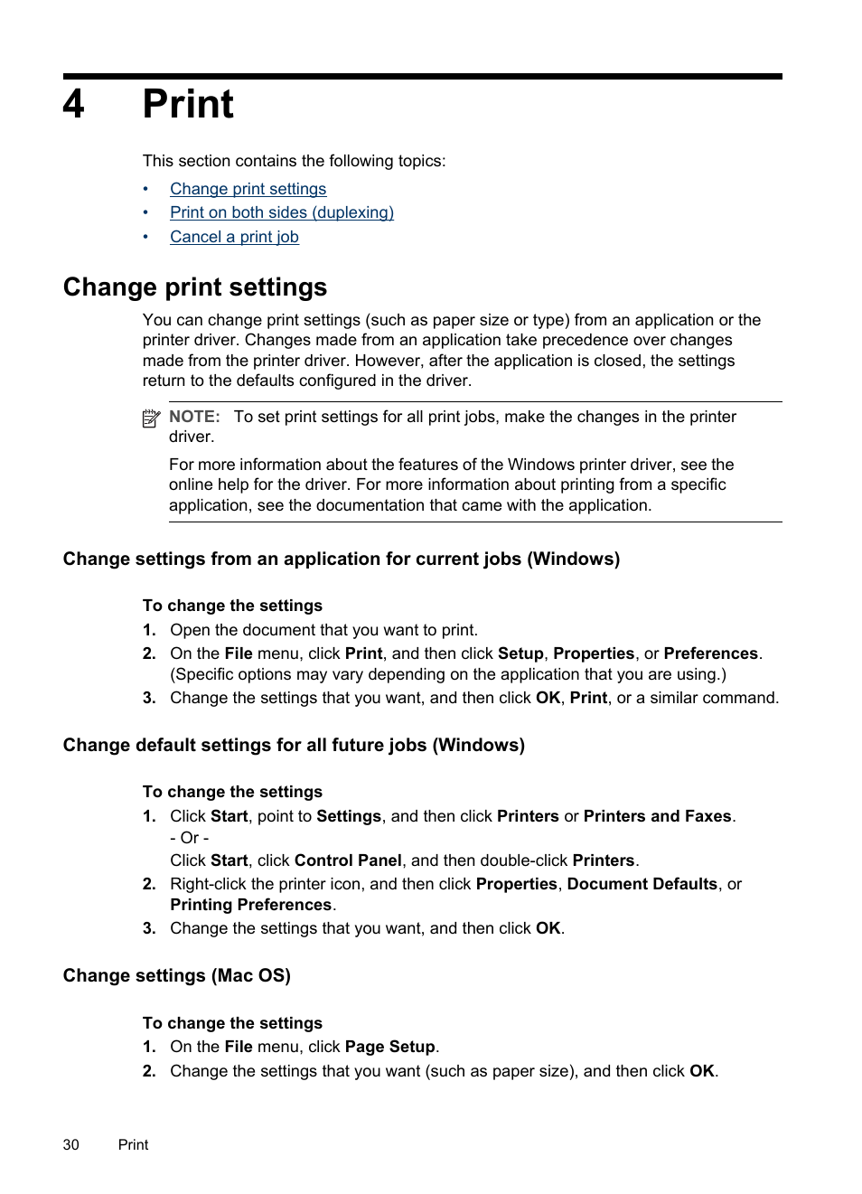 Print, Change print settings, Change settings (mac os) | 4 print, 4print | HP Officejet Pro L7480 All-in-One Printer User Manual | Page 34 / 120