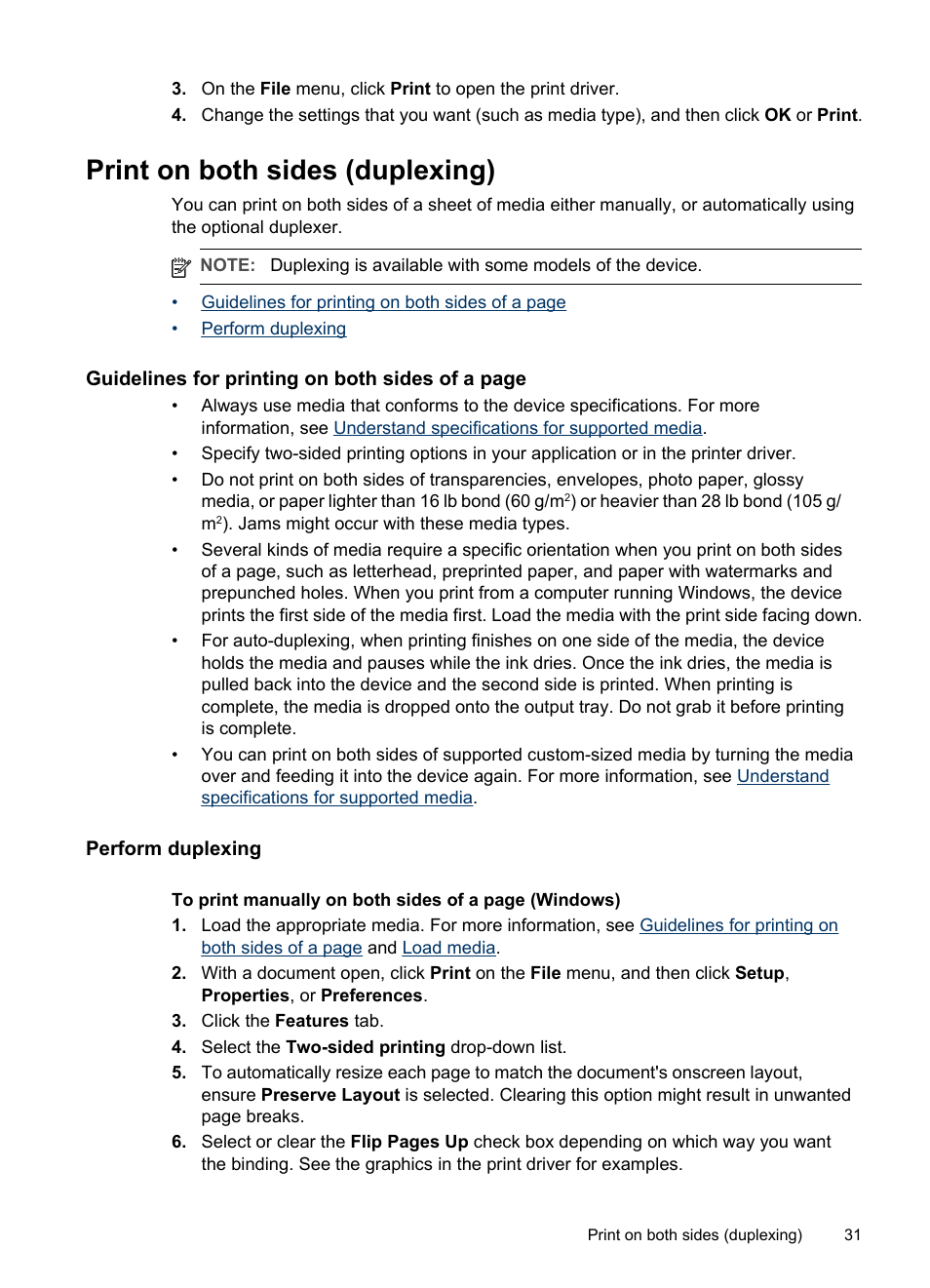 Print on both sides (duplexing), Perform duplexing | HP Officejet Pro L7480 All-in-One Printer User Manual | Page 35 / 120