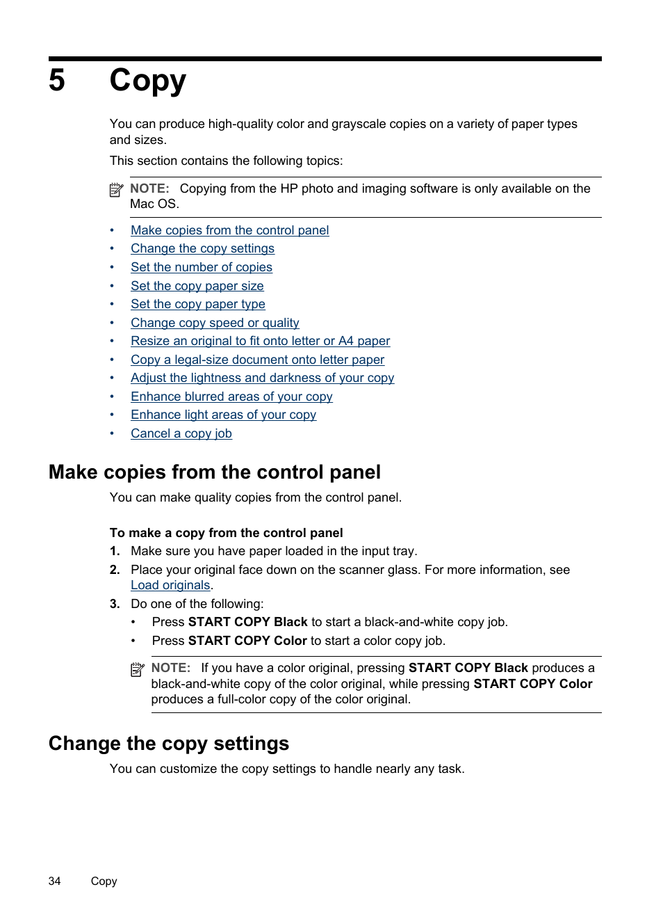 Copy, Make copies from the control panel, Change the copy settings | 5 copy, 5copy | HP Officejet Pro L7480 All-in-One Printer User Manual | Page 38 / 120