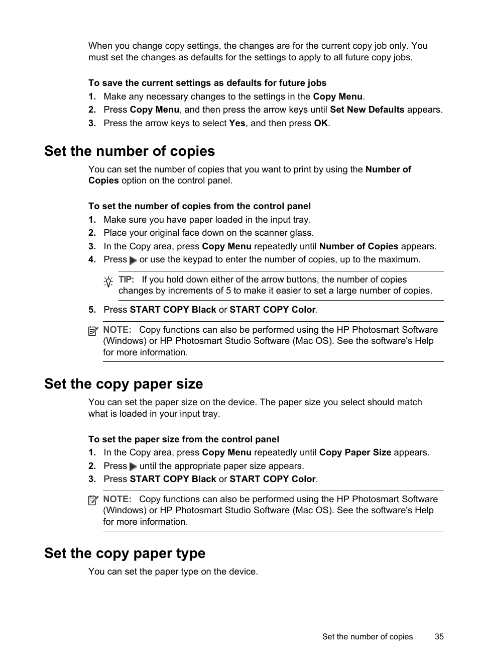Set the number of copies, Set the copy paper size, Set the copy paper type | HP Officejet Pro L7480 All-in-One Printer User Manual | Page 39 / 120