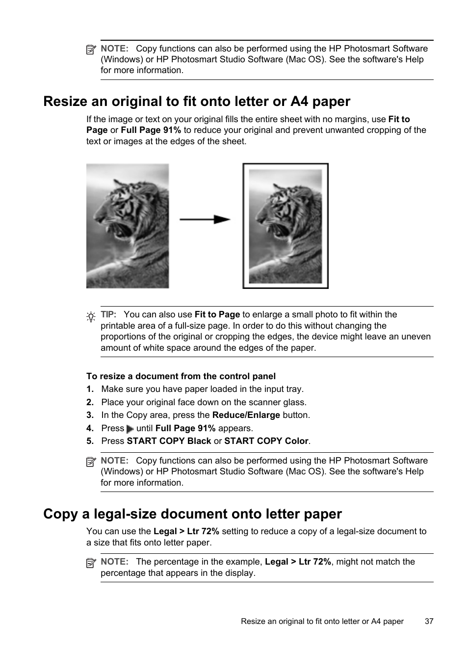 Resize an original to fit onto letter or a4 paper, Copy a legal-size document onto letter paper | HP Officejet Pro L7480 All-in-One Printer User Manual | Page 41 / 120