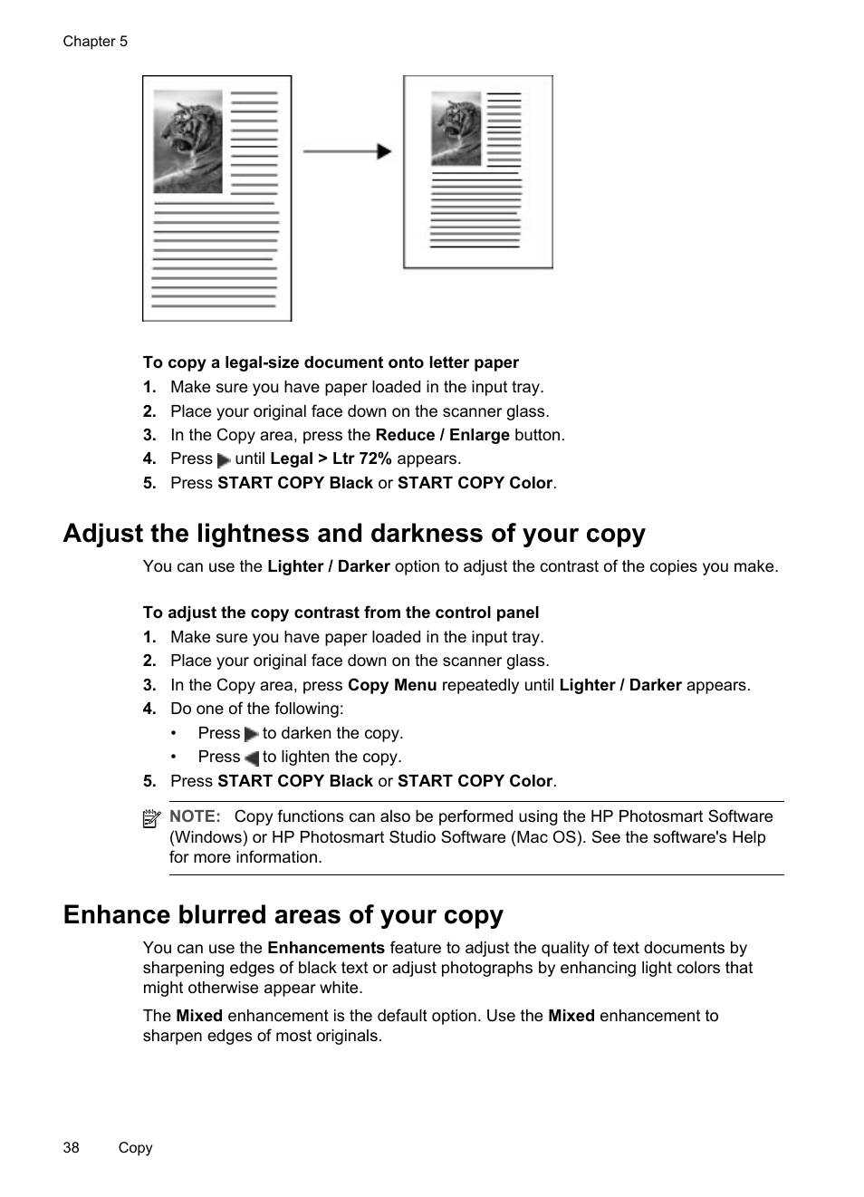 Adjust the lightness and darkness of your copy, Enhance blurred areas of your copy | HP Officejet Pro L7480 All-in-One Printer User Manual | Page 42 / 120