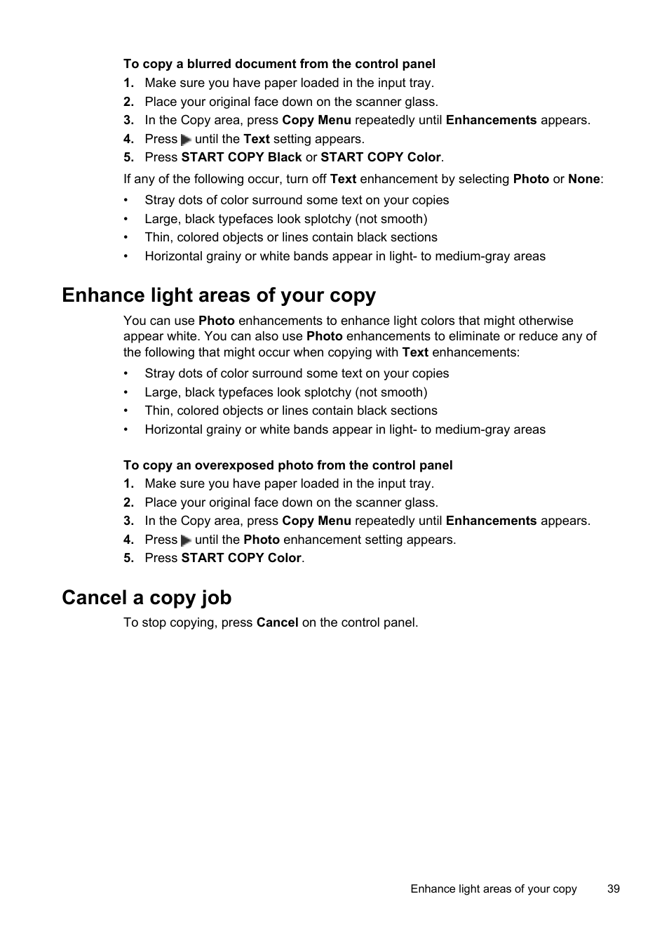 Enhance light areas of your copy, Cancel a copy job, Enhance light areas of your copy cancel a copy job | HP Officejet Pro L7480 All-in-One Printer User Manual | Page 43 / 120