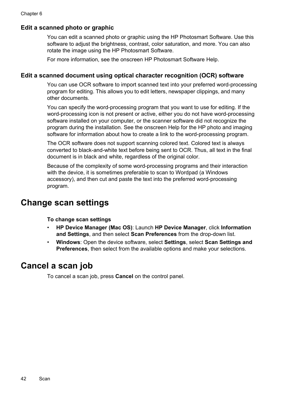 Edit a scanned photo or graphic, Change scan settings, Cancel a scan job | Change scan settings cancel a scan job | HP Officejet Pro L7480 All-in-One Printer User Manual | Page 46 / 120