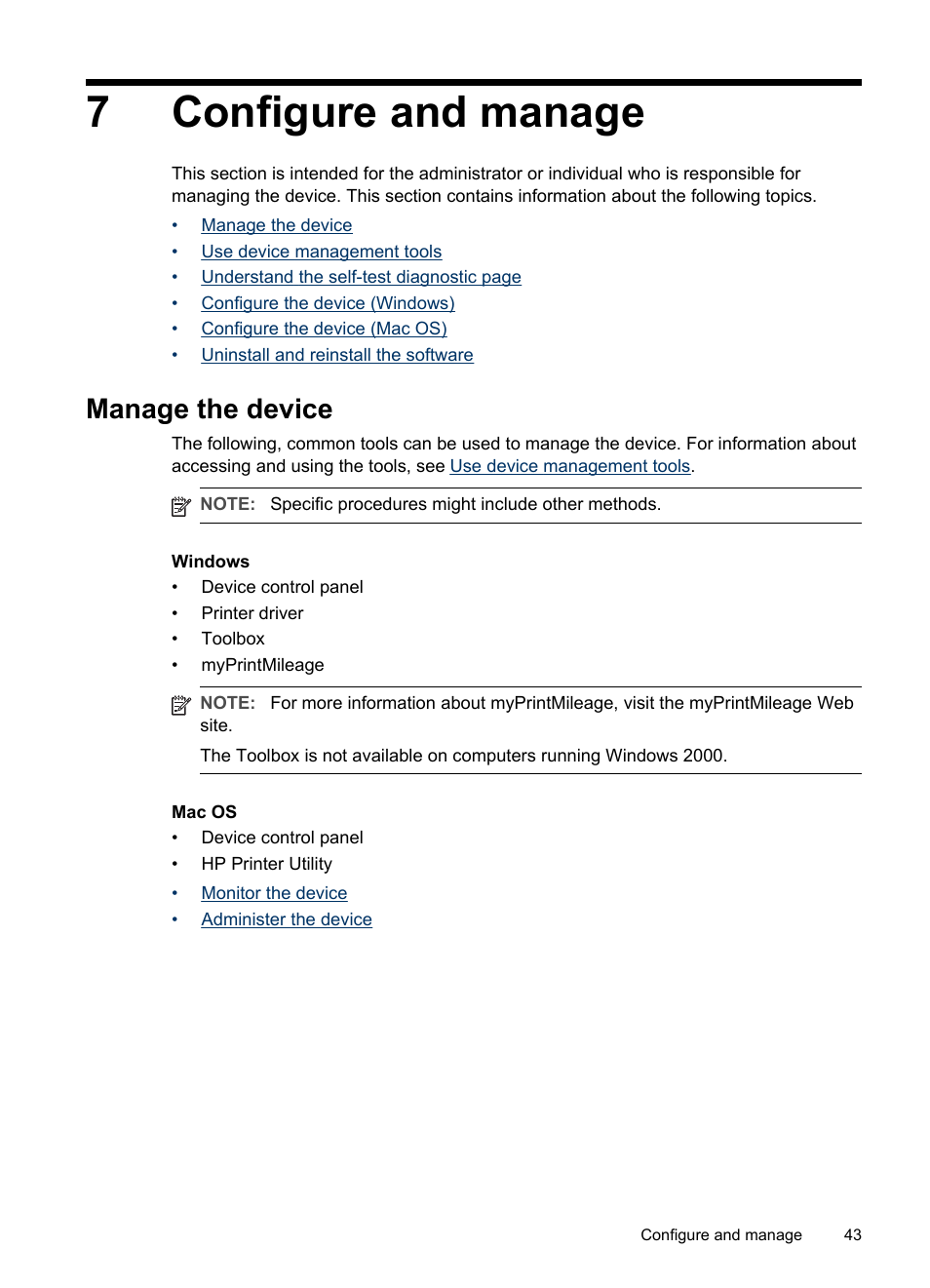 Configure and manage, Manage the device, 7 configure and manage | Monitor the device administer the device, 7configure and manage | HP Officejet Pro L7480 All-in-One Printer User Manual | Page 47 / 120