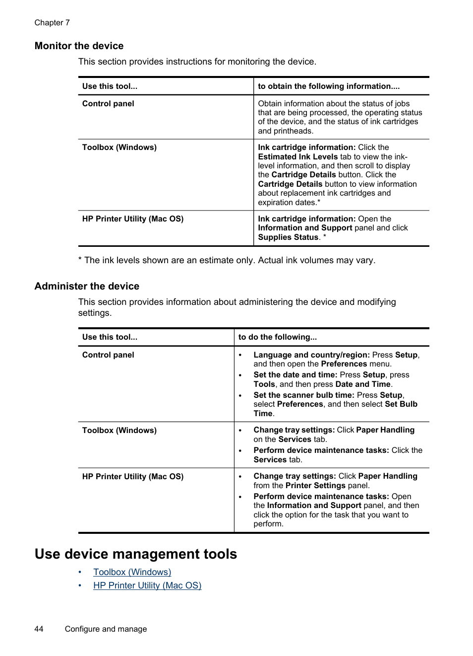 Monitor the device, Administer the device, Use device management tools | Toolbox (windows), Open the toolbox toolbox tabs, Hp printer utility (mac os), Hp instant support, Myprintmileage, And using the tools, see | HP Officejet Pro L7480 All-in-One Printer User Manual | Page 48 / 120