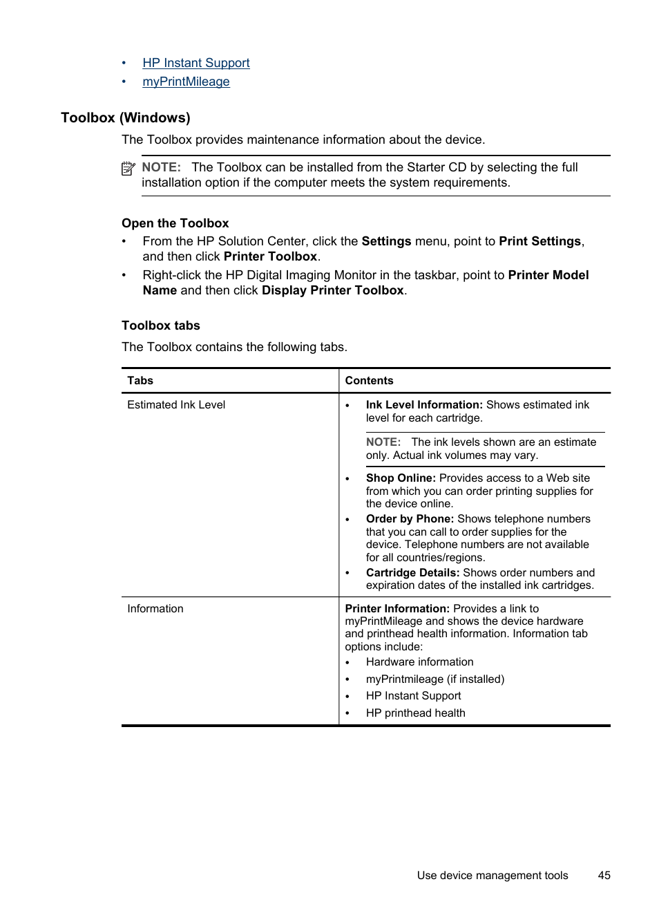 Toolbox (windows), Open the toolbox, Toolbox tabs | HP Officejet Pro L7480 All-in-One Printer User Manual | Page 49 / 120