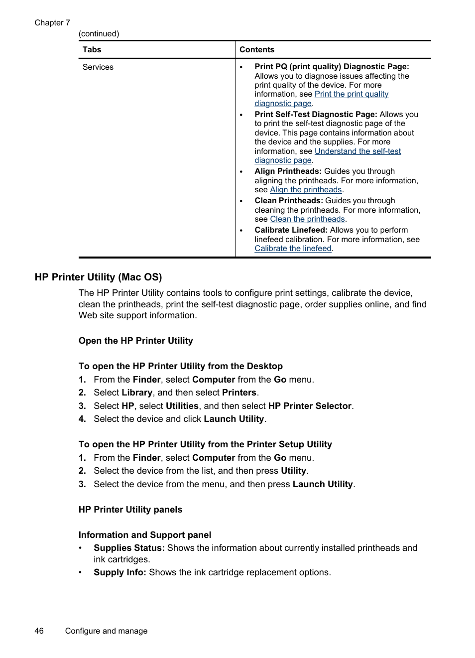 Hp printer utility (mac os), Open the hp printer utility, Hp printer utility panels | Printer utility (mac os) | HP Officejet Pro L7480 All-in-One Printer User Manual | Page 50 / 120