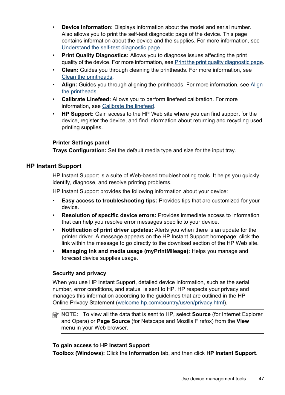 Hp instant support, Security and privacy, To gain access to hp instant support | Instant support, Information, see | HP Officejet Pro L7480 All-in-One Printer User Manual | Page 51 / 120
