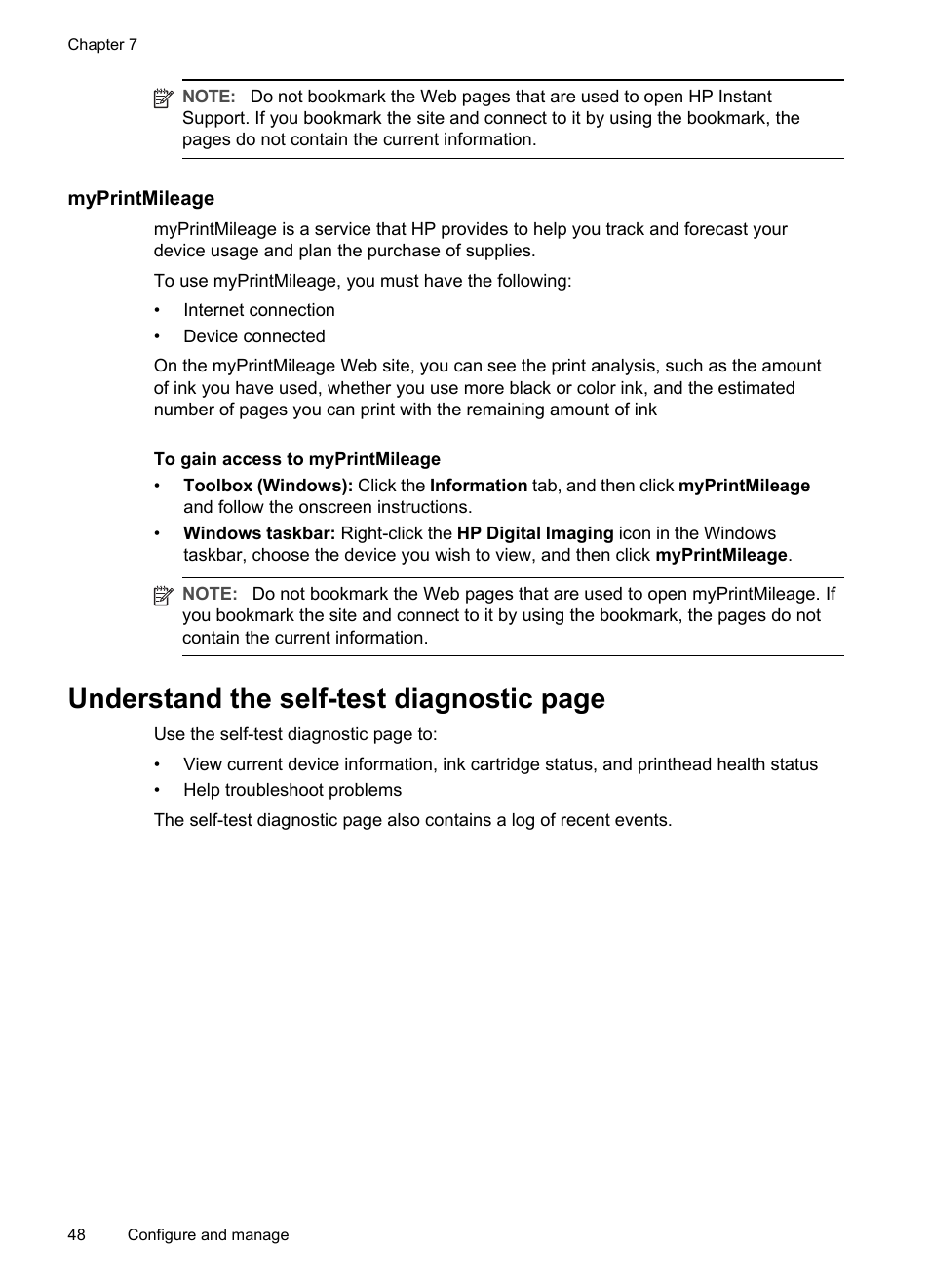 Myprintmileage, Understand the self-test, Understand the self-test diagnostic page | HP Officejet Pro L7480 All-in-One Printer User Manual | Page 52 / 120