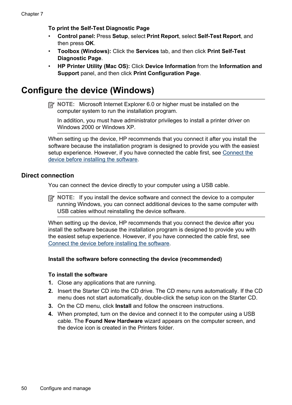 Configure the device (windows), Direct connection | HP Officejet Pro L7480 All-in-One Printer User Manual | Page 54 / 120