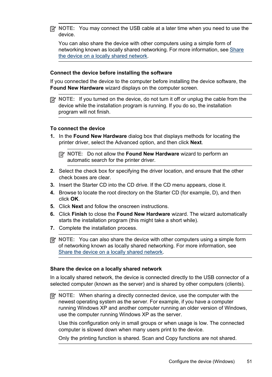 Connect the device before installing the software, Share the device on a locally shared network, Connect the | Device before installing the software | HP Officejet Pro L7480 All-in-One Printer User Manual | Page 55 / 120