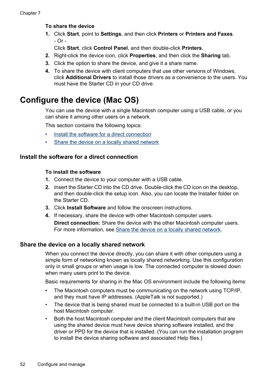 Configure the device (mac os), Install the software for a direct connection, Share the device on a locally shared network | HP Officejet Pro L7480 All-in-One Printer User Manual | Page 56 / 120
